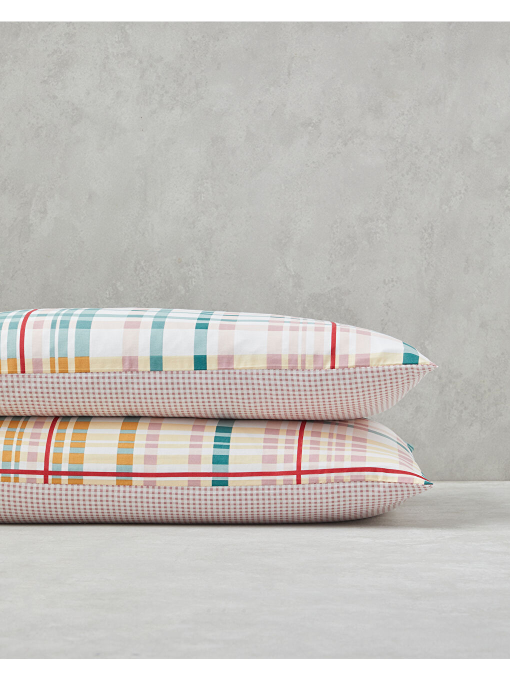 Geo Plaid Pamuklu 2'li Yastık Kılıfı 50x70 cm Yeşil-Pembe-2