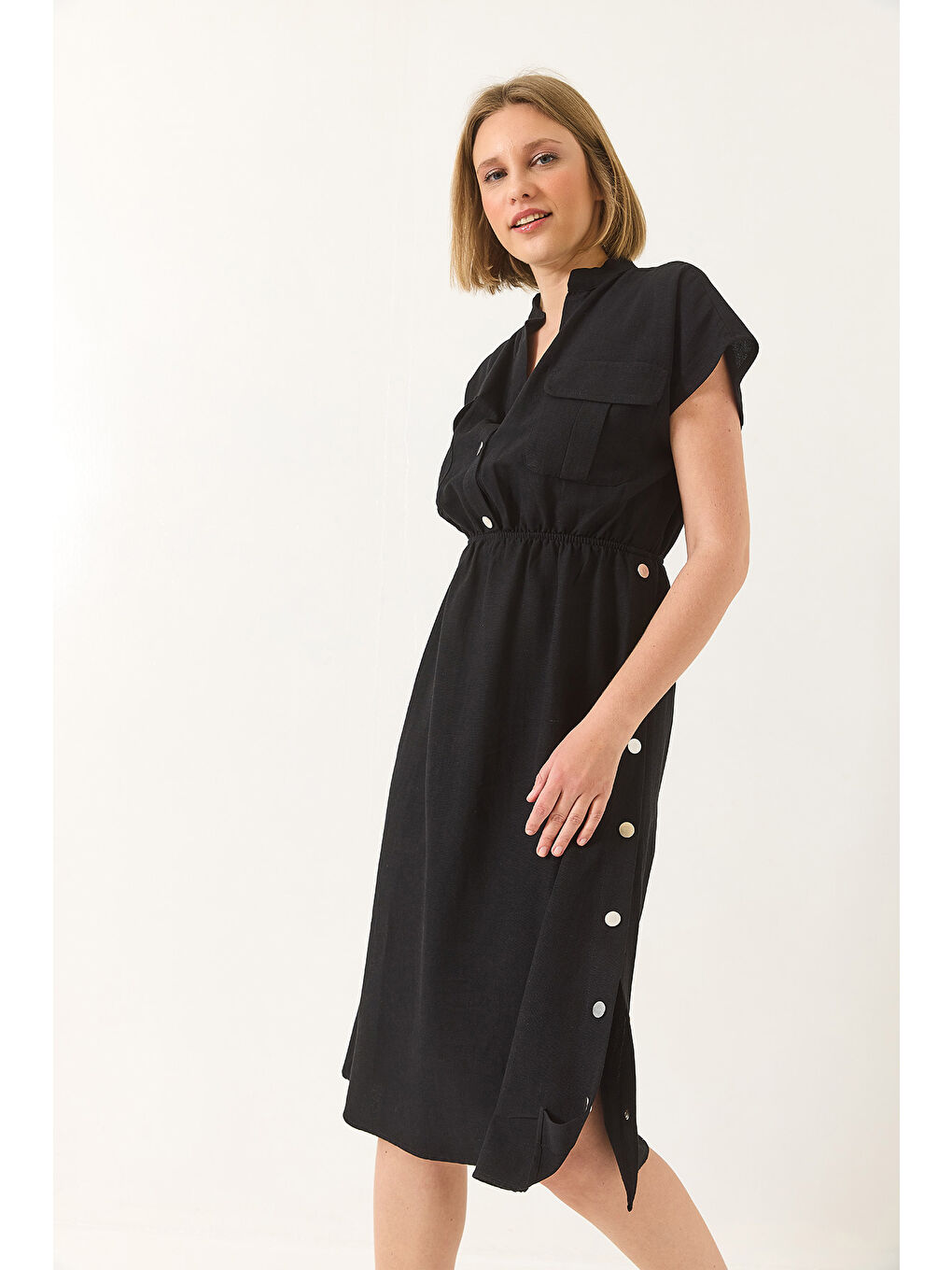 Siyah Kadın Beli Lastikli Çıtçıt Detaylı Cepli Keten Elbise-5