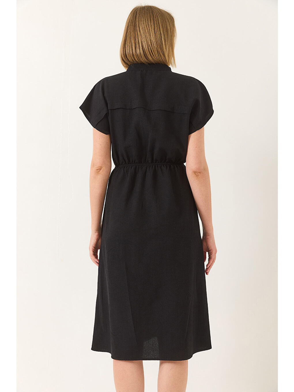 Siyah Kadın Beli Lastikli Çıtçıt Detaylı Cepli Keten Elbise-7