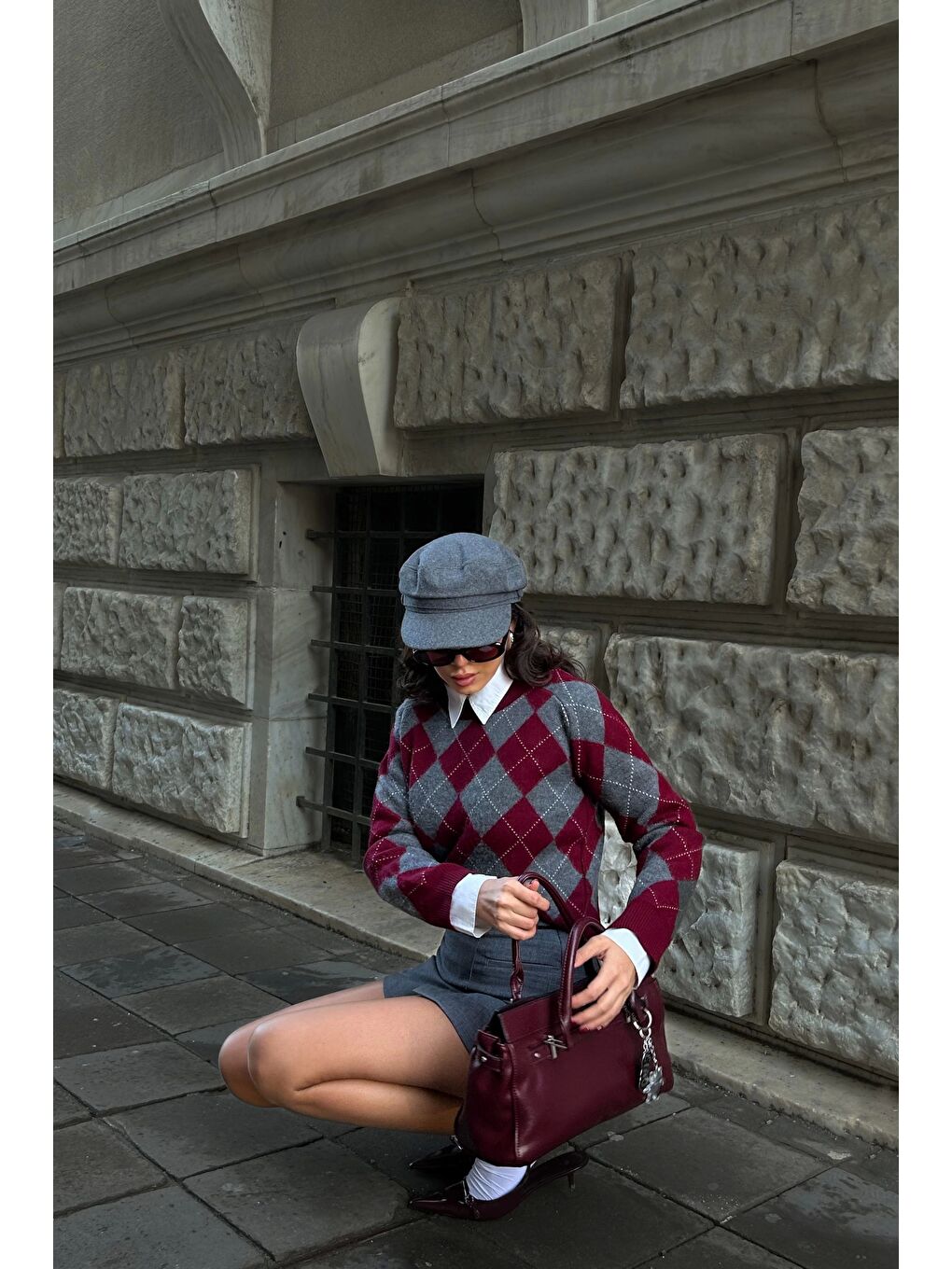 Kadın Bordo Baklava Desen Kazak 1014-5219-6