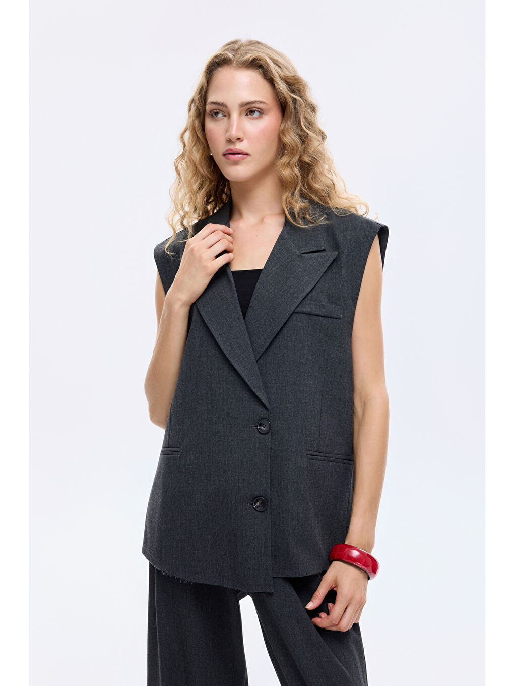 Kruvaze Yaka Sırtı Şerit Detaylı Yelek Ceket Antrasit