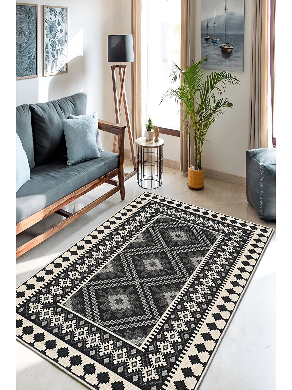 Gri Dekoratif Özel Tasarım Yıkanabilir İnce Kaymaz Tabanlı Modern Halı KECE FR47-2