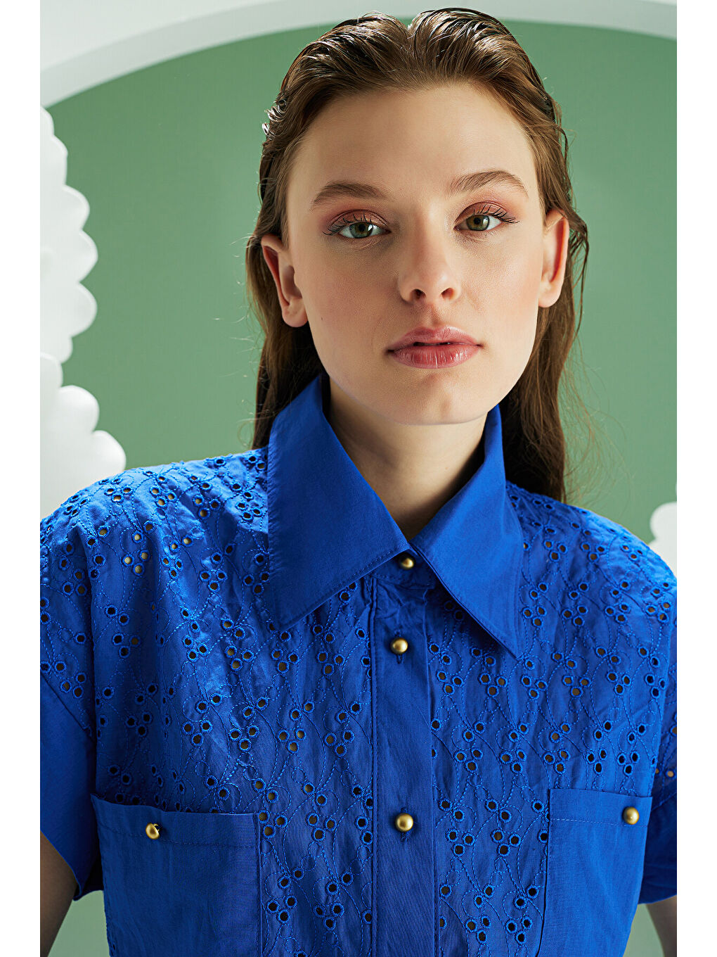 Mavi Hole Önden Düğmeli Pijama Takımı-4