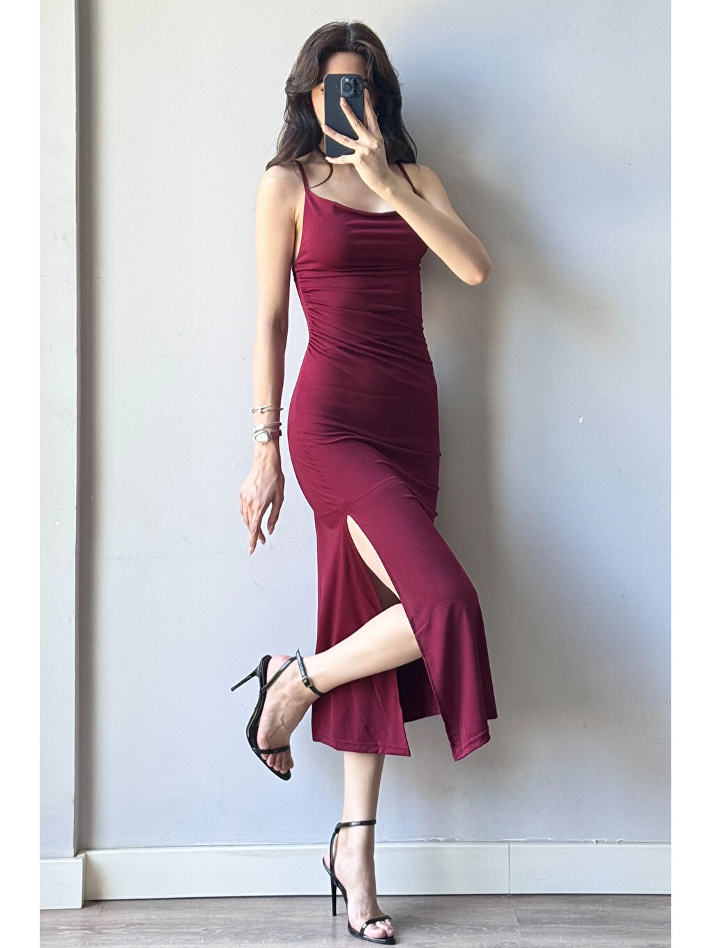 Kadın Bordo Askılı Yırtmaçlı Uzun Elbise 1009-1034-1