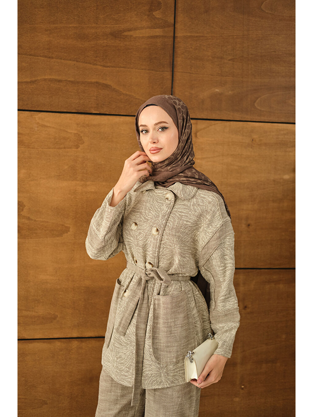 Bej Kadın Kadın Çift Düğmeli Takım Vizon-1