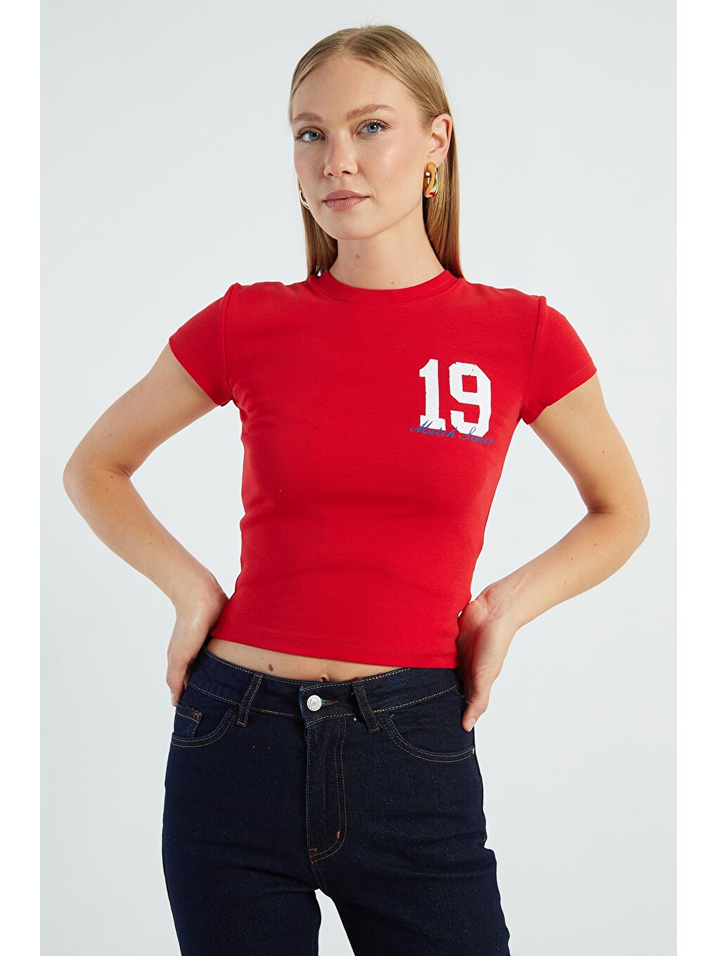 Kırmızı 19 Baskılı Slim Fit Tişört-2