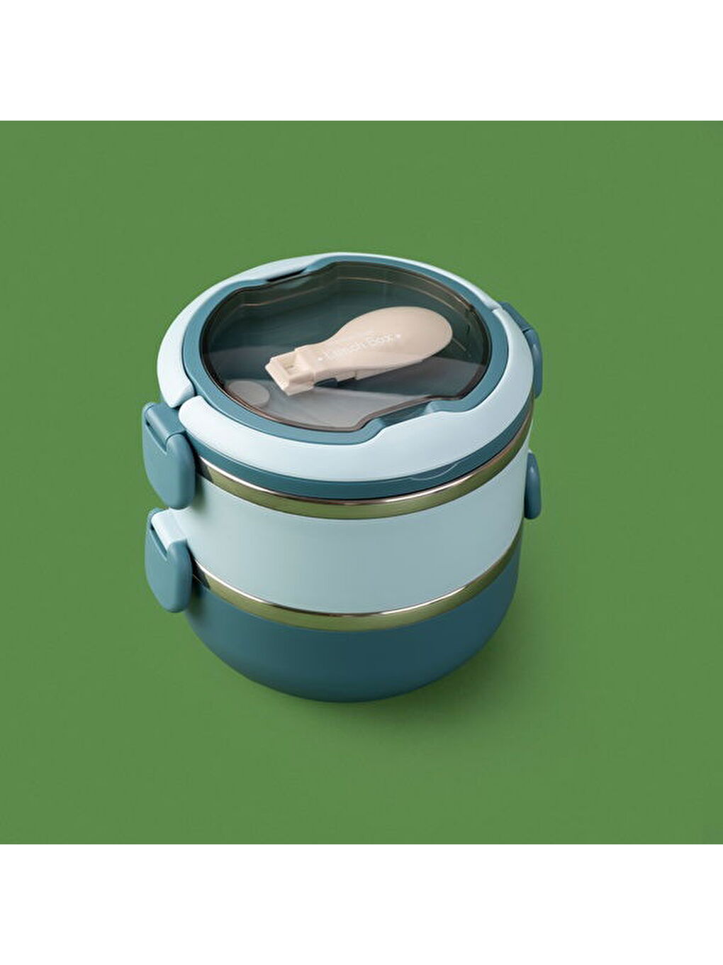 Tantioni Yuvarlak 2 Katlı Çatal ve Kaşıklı Yemek Taşıma Kabı - Mavi - 850 ml-1