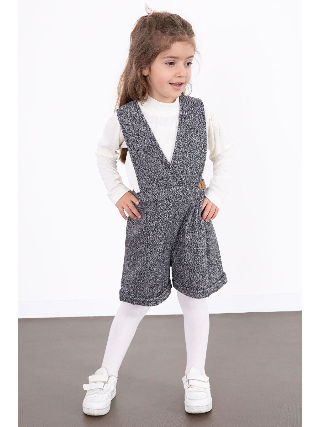 Koyu Gri Kız Çocuk Melanj Krem Badili Salopet Takım 22695