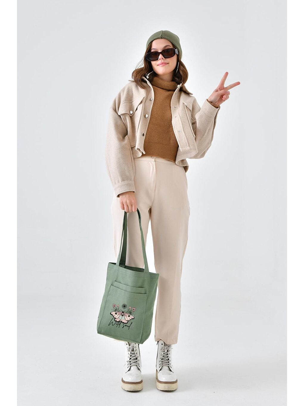 2 Cepli Wild Soul Baskılı Mint Yeşili Gabardin Çanta-1