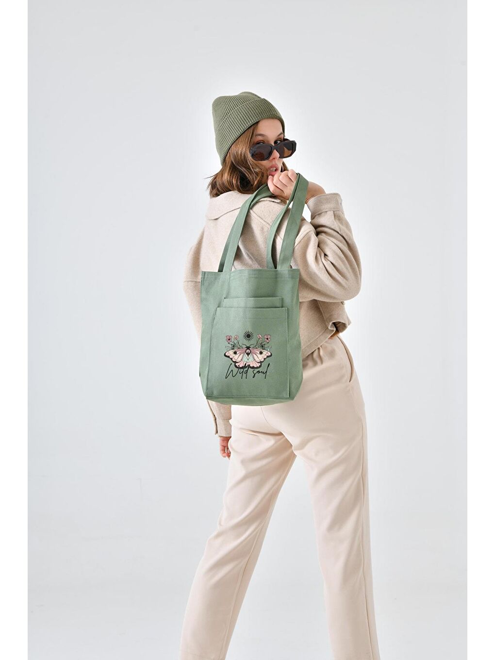 2 Cepli Wild Soul Baskılı Mint Yeşili Gabardin Çanta-3