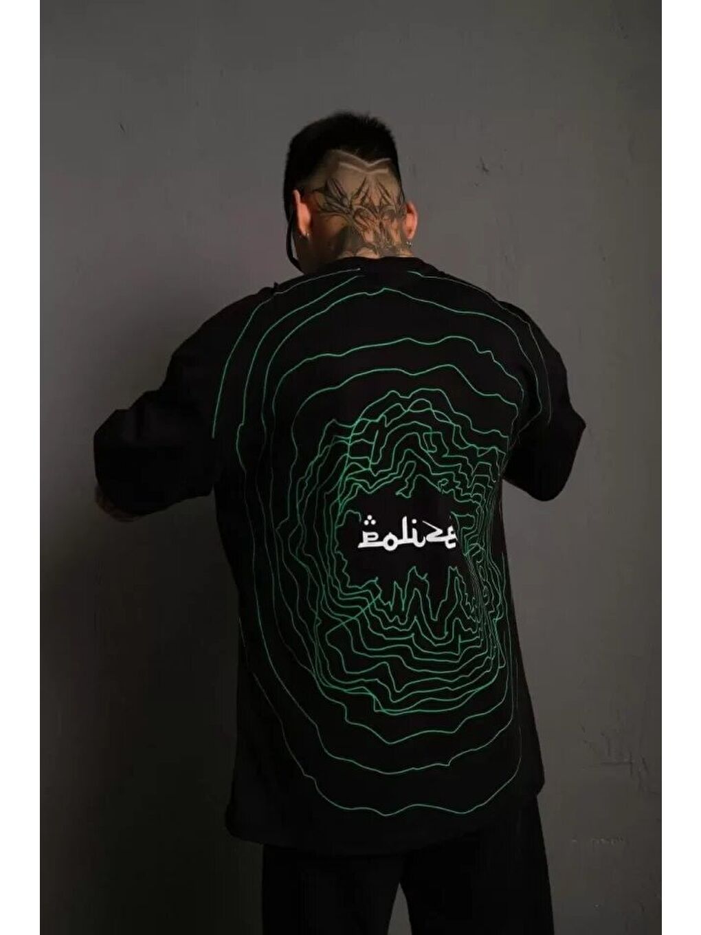 Erkek Bisiklet Yakalı Sırt Baskılı Oversize T-Shirt - Siyah