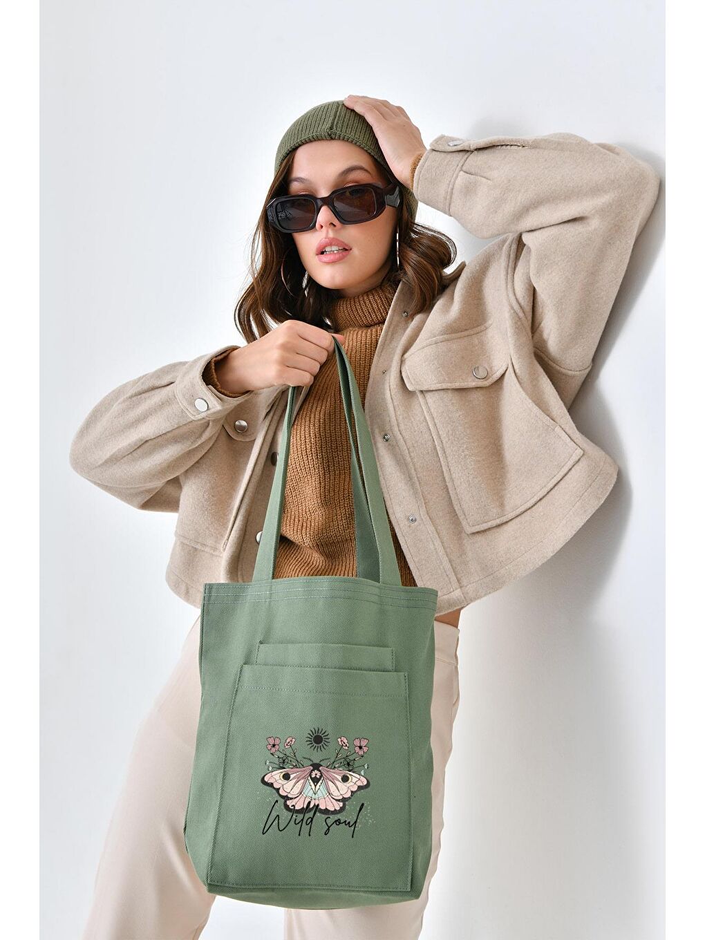 2 Cepli Wild Soul Baskılı Mint Yeşili Gabardin Çanta-4