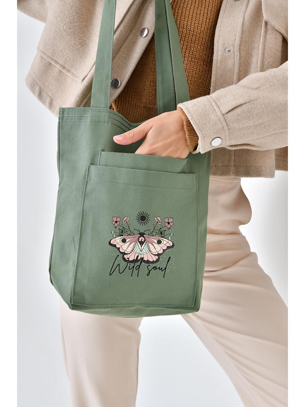 2 Cepli Wild Soul Baskılı Mint Yeşili Gabardin Çanta-5