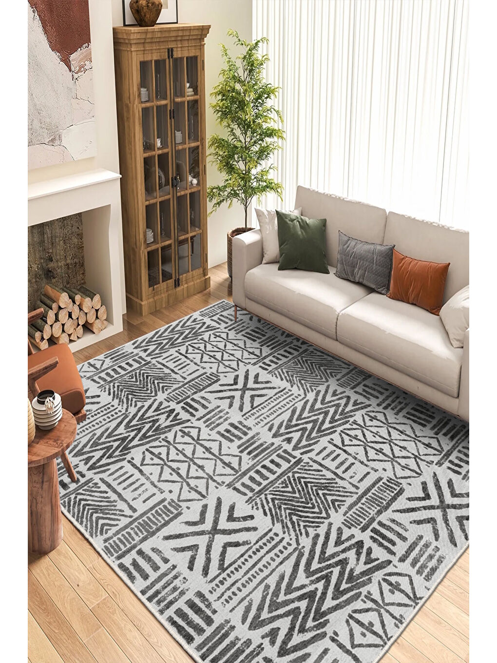 Gri Dekoratif Özel Tasarım Yıkanabilir İnce Kaymaz Tabanlı Modern Halı KECE FR48