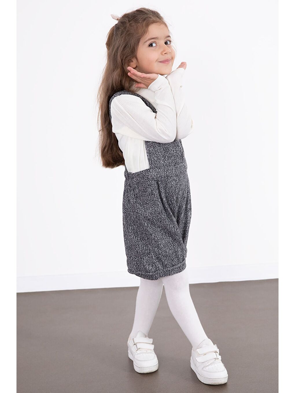 Koyu Gri Kız Çocuk Melanj Krem Badili Salopet Takım 22695-1