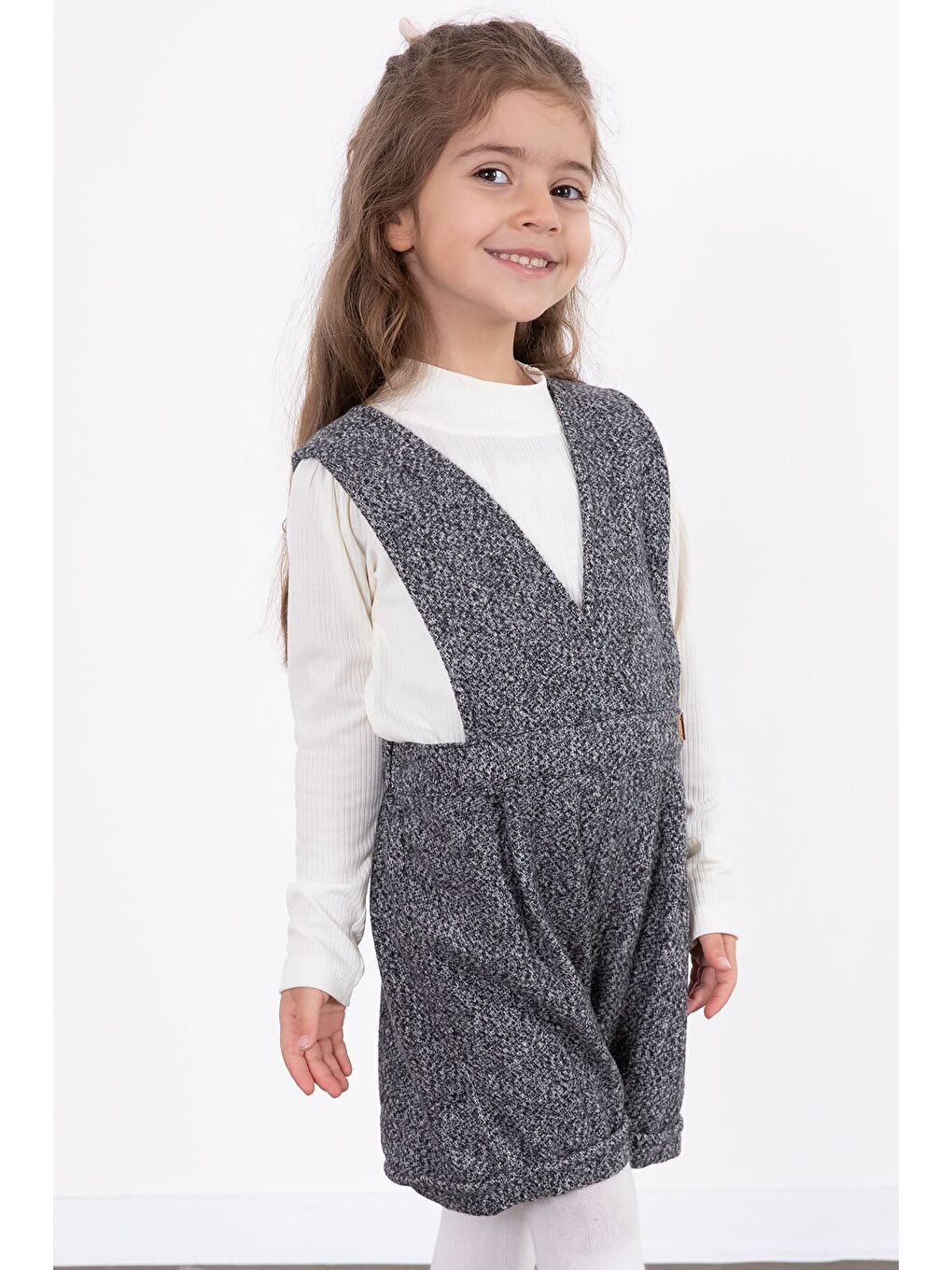 Koyu Gri Kız Çocuk Melanj Krem Badili Salopet Takım 22695-2