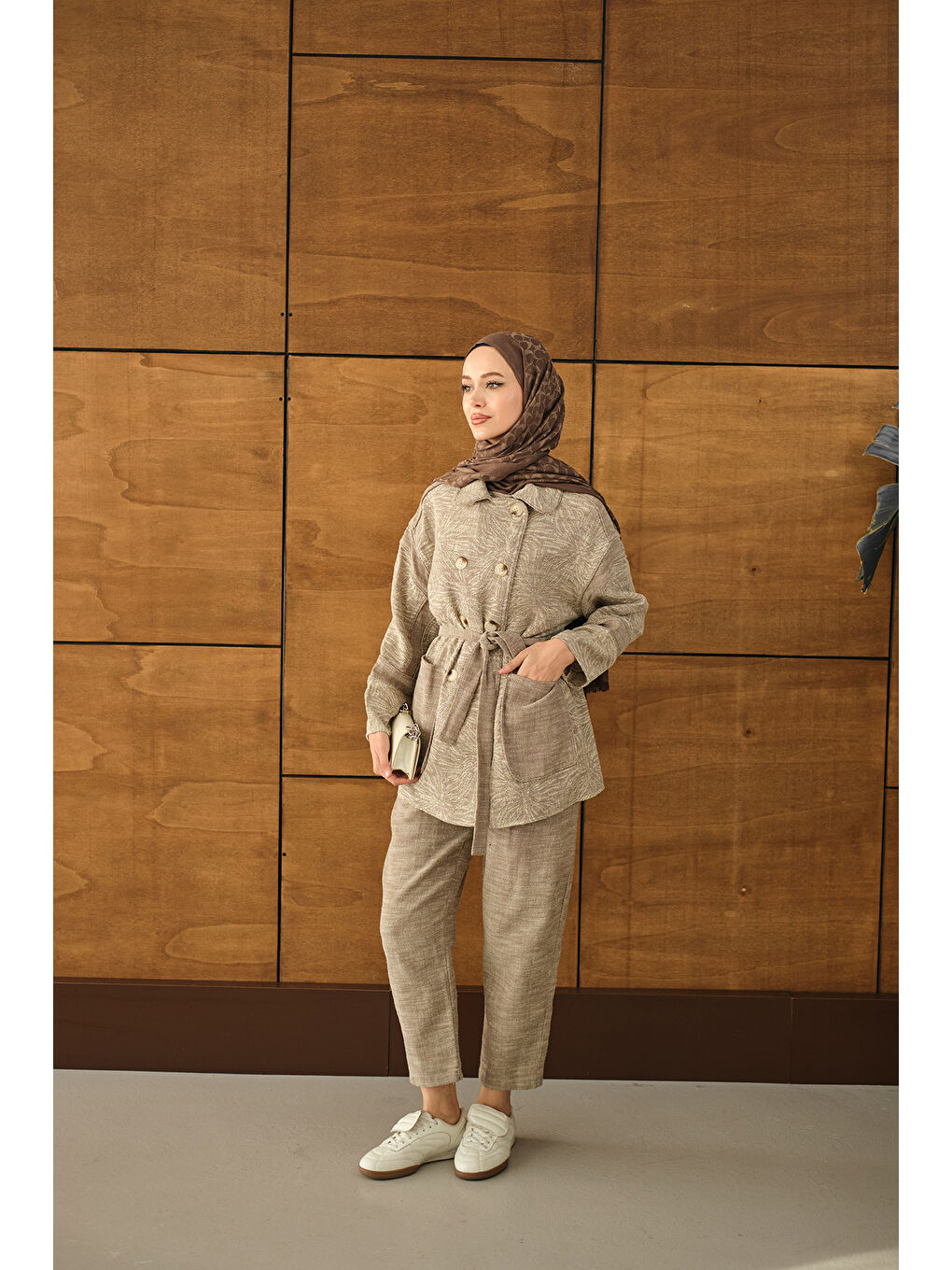 Bej Kadın Kadın Çift Düğmeli Takım Vizon-3