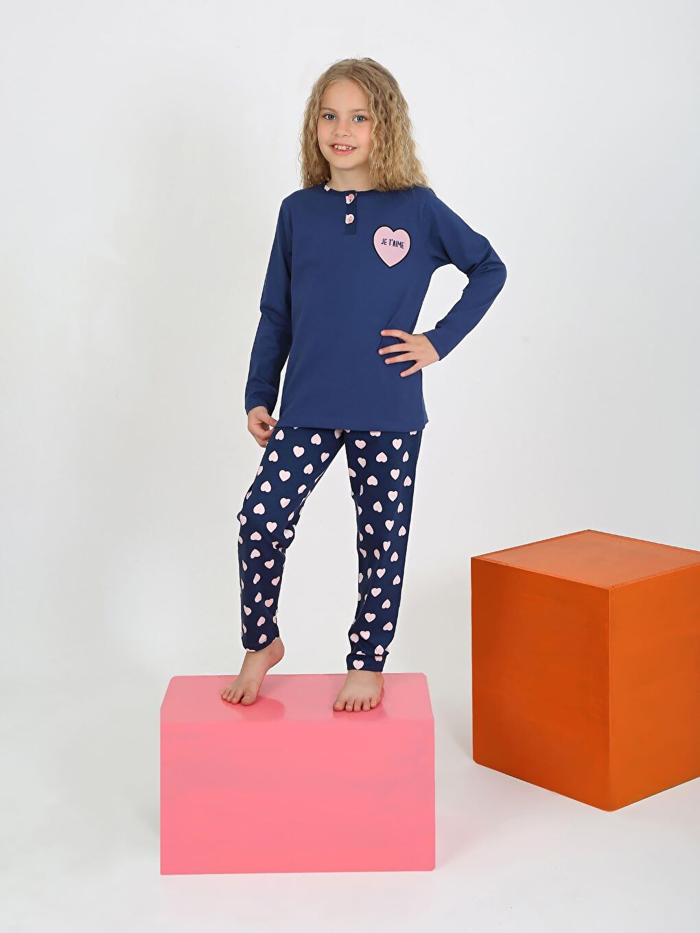 İndigo Kız Çocuk Uzun Kollu %100 Pamuklu Düğme Detaylı Pijama Takımı Je T'aime