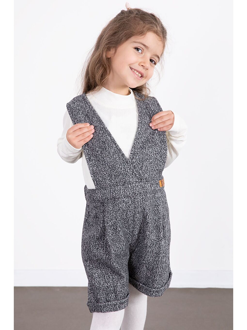 Koyu Gri Kız Çocuk Melanj Krem Badili Salopet Takım 22695-4
