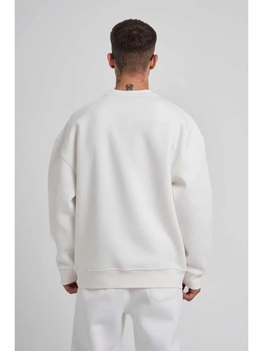 Unisex Biskilet Yaka Üç İplik SweatShirt - Beyaz-2