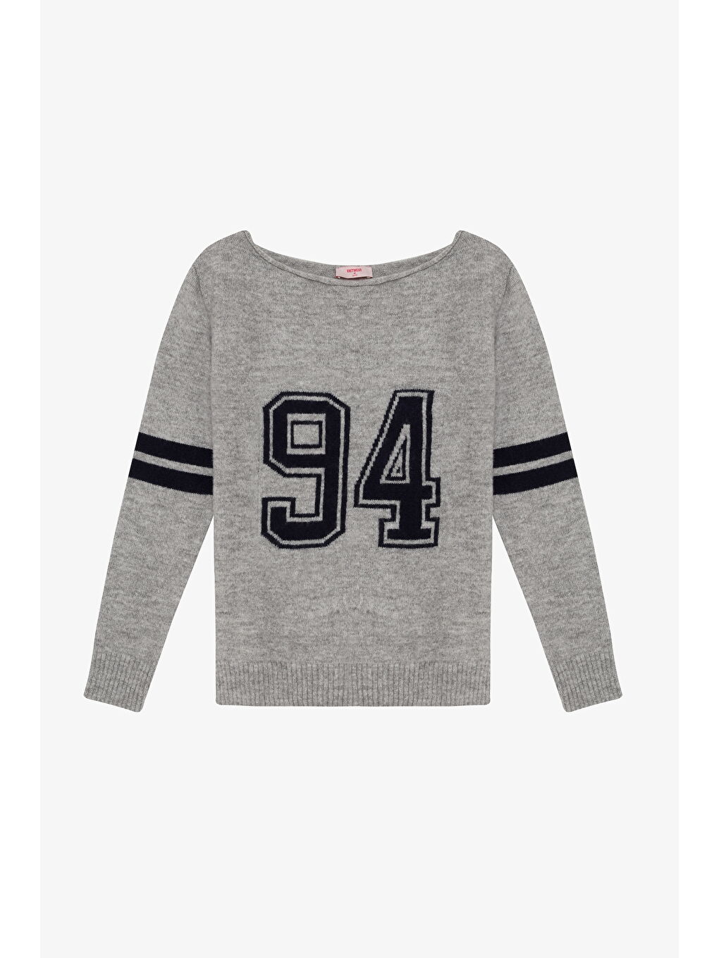 Sayı Desenli Kayık Yaka Triko Kazak Açık Gri-1