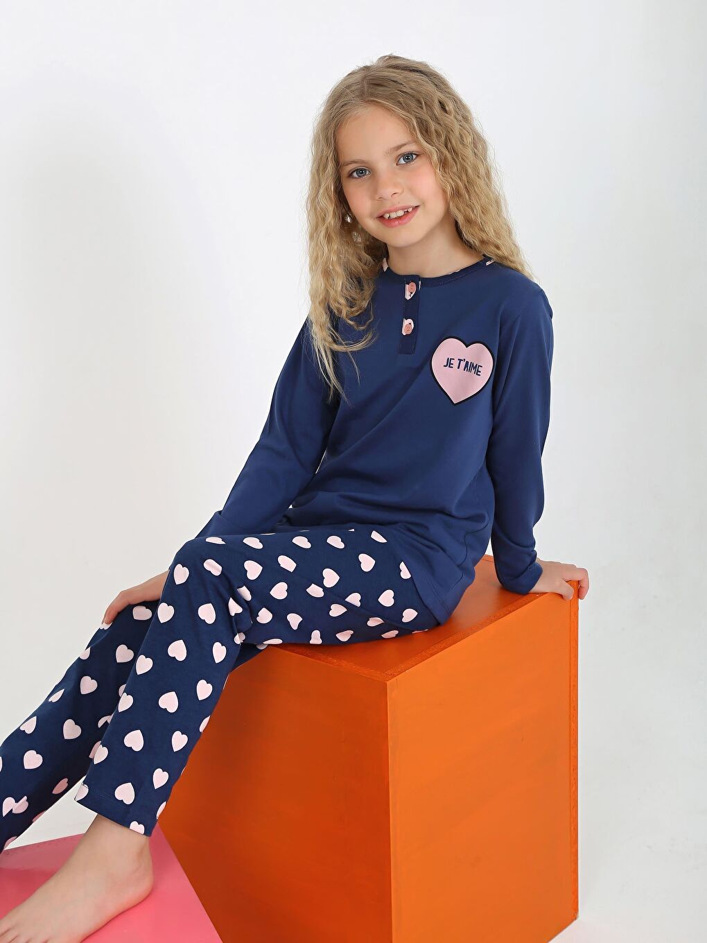 İndigo Kız Çocuk Uzun Kollu %100 Pamuklu Düğme Detaylı Pijama Takımı Je T'aime-1