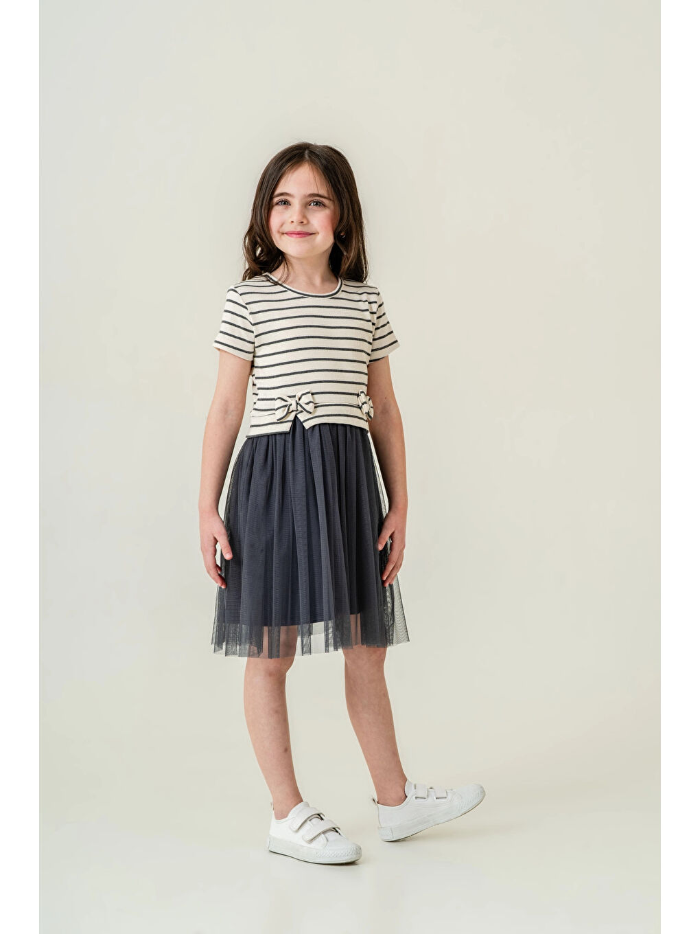 Antrasit Çizgi Desenli Fırfırlı Kız Çocuk Elbise 006-1