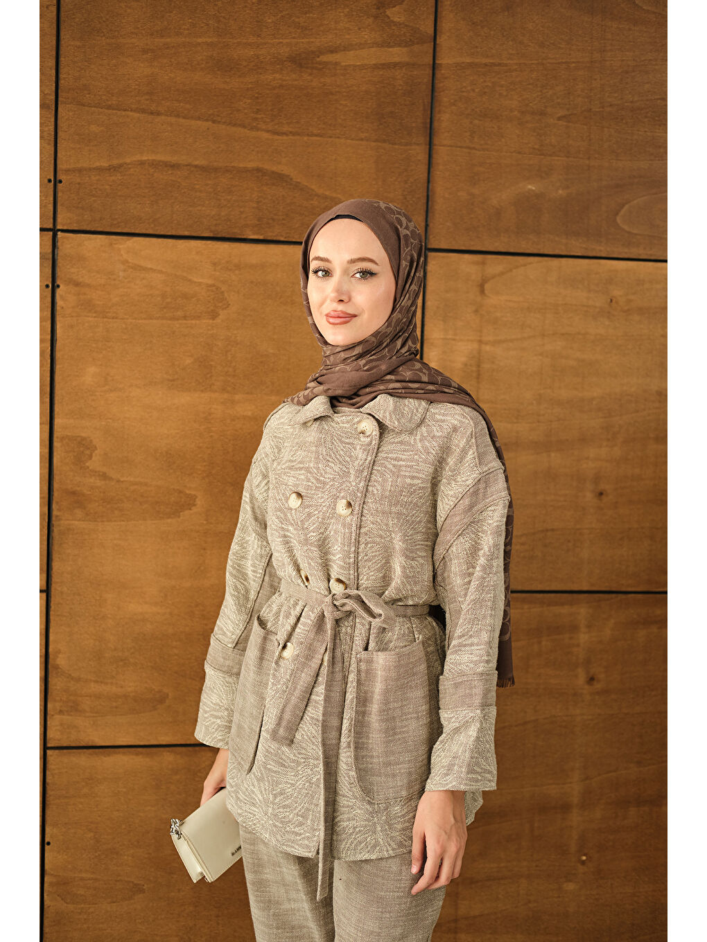 Bej Kadın Kadın Çift Düğmeli Takım Vizon-4