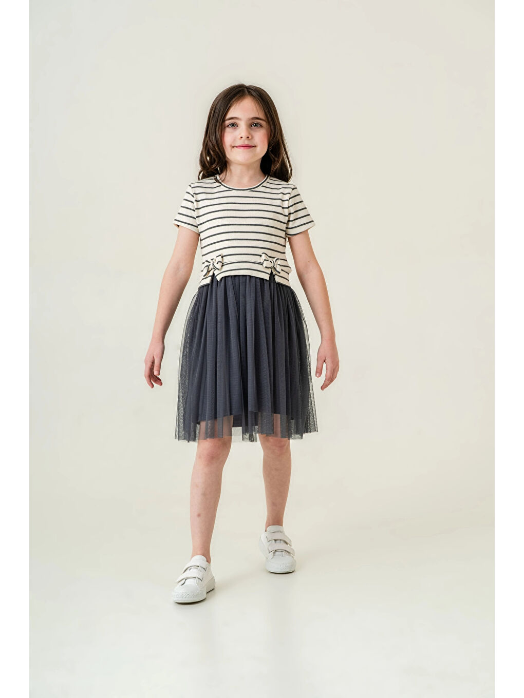 Antrasit Çizgi Desenli Fırfırlı Kız Çocuk Elbise 006-3