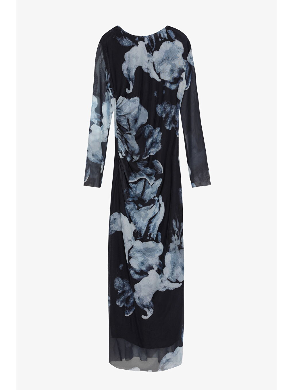 Sulu Boya Çiçek Desenli Drapeli Tül Elbise Lacivert-1