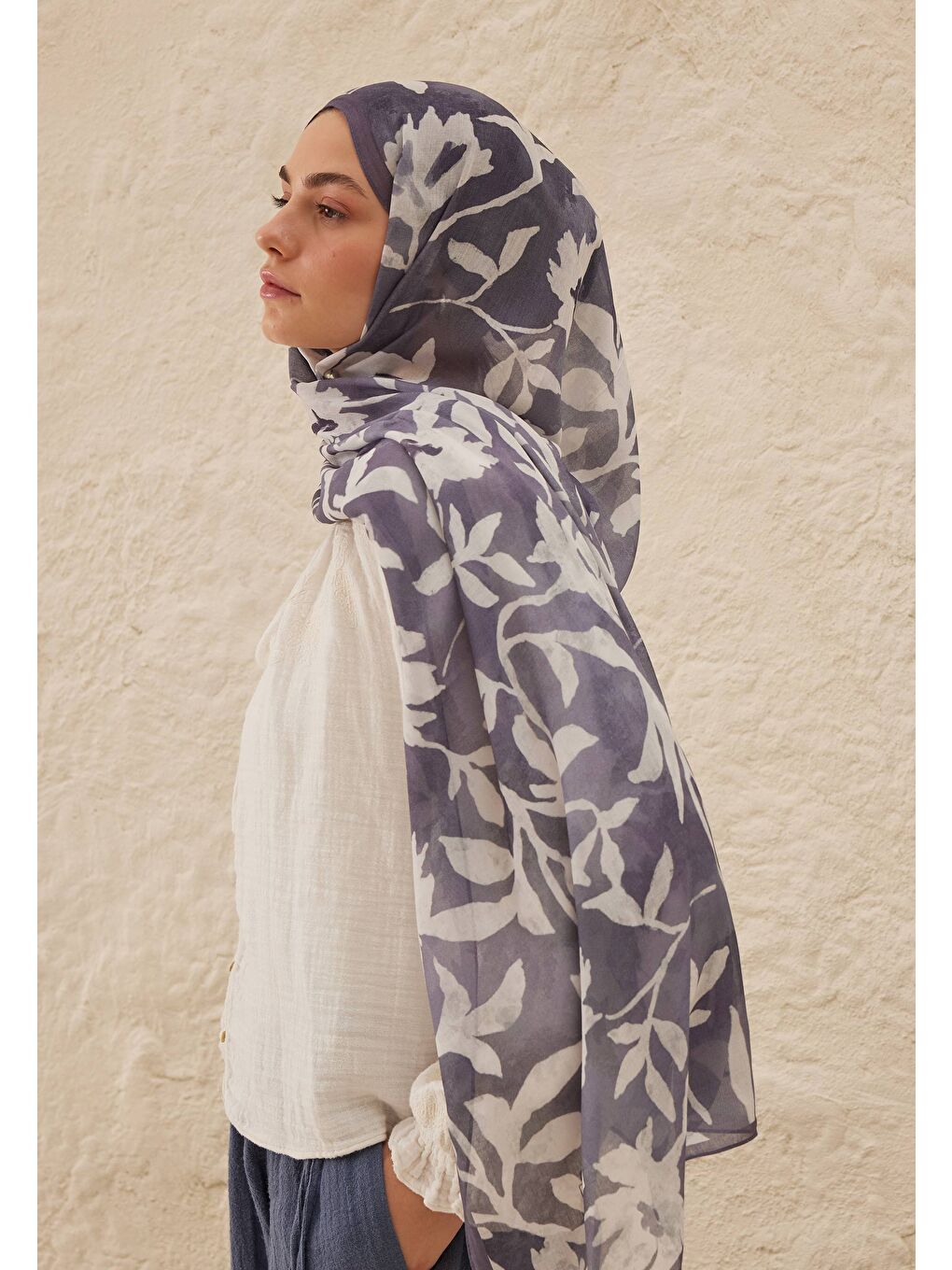 Petunia Desen Rami Şal İndigo-3