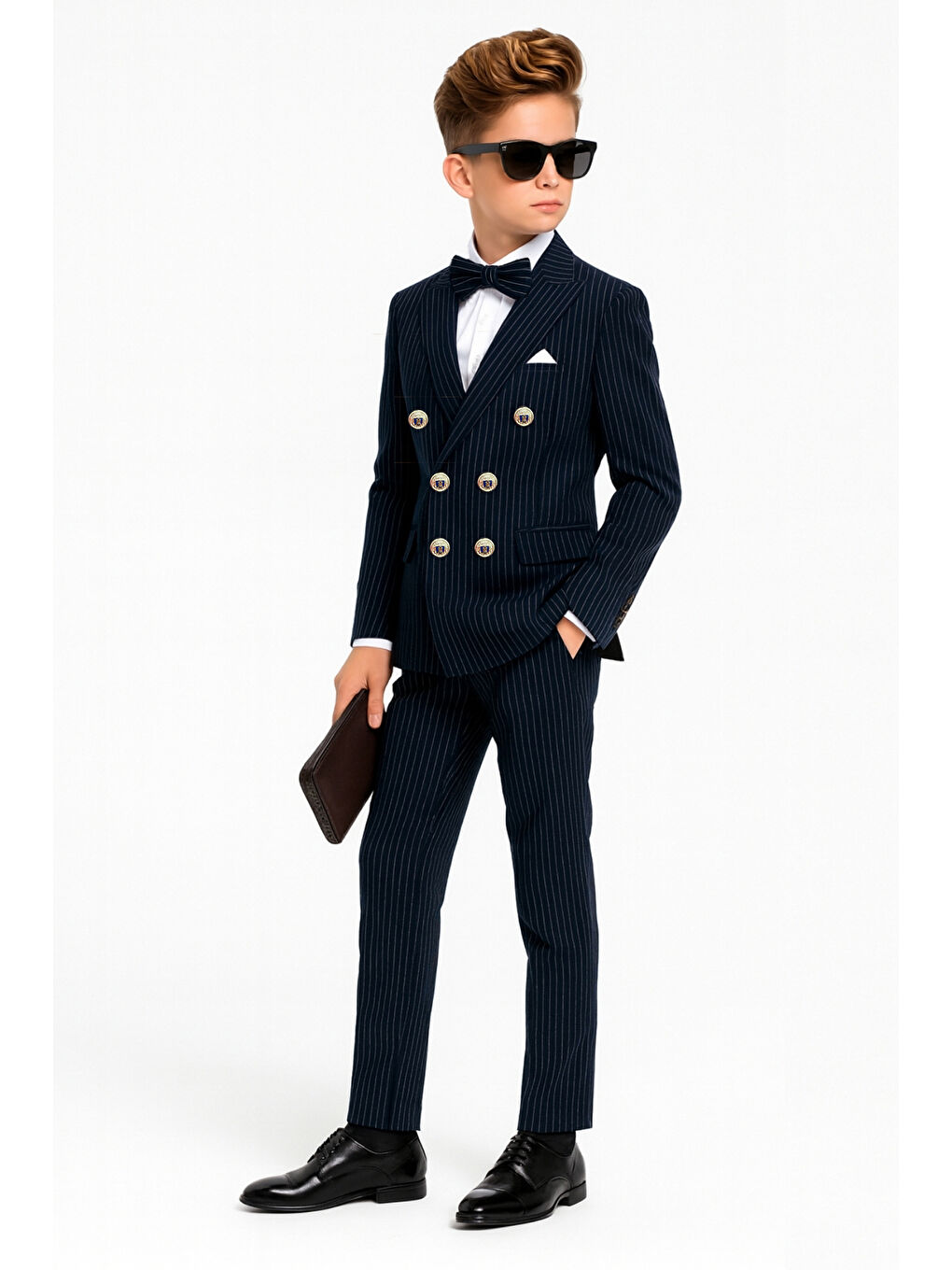 Lacivert Erkek Çocuk Düğün & Davet Kruvaze Çizgili Papyonlu Takım Elbise Ak5695