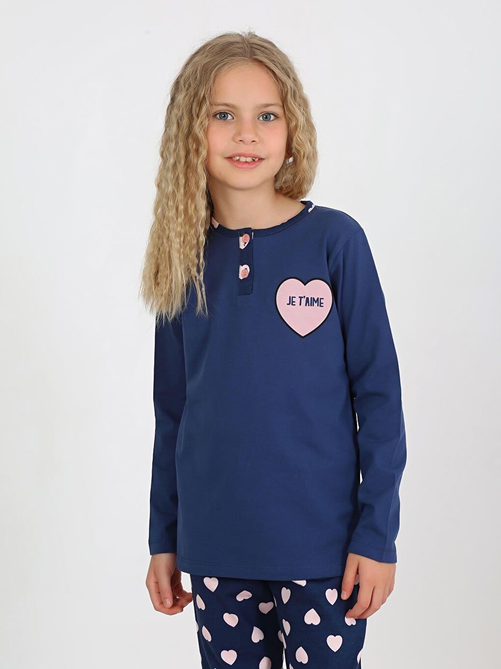 İndigo Kız Çocuk Uzun Kollu %100 Pamuklu Düğme Detaylı Pijama Takımı Je T'aime-3