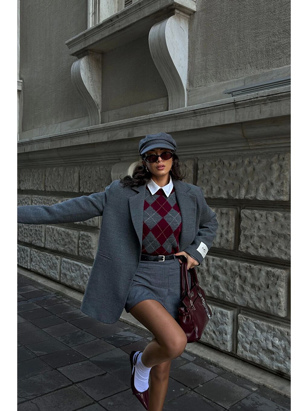 Kadın Bordo Baklava Desen Kazak 1014-5219-7