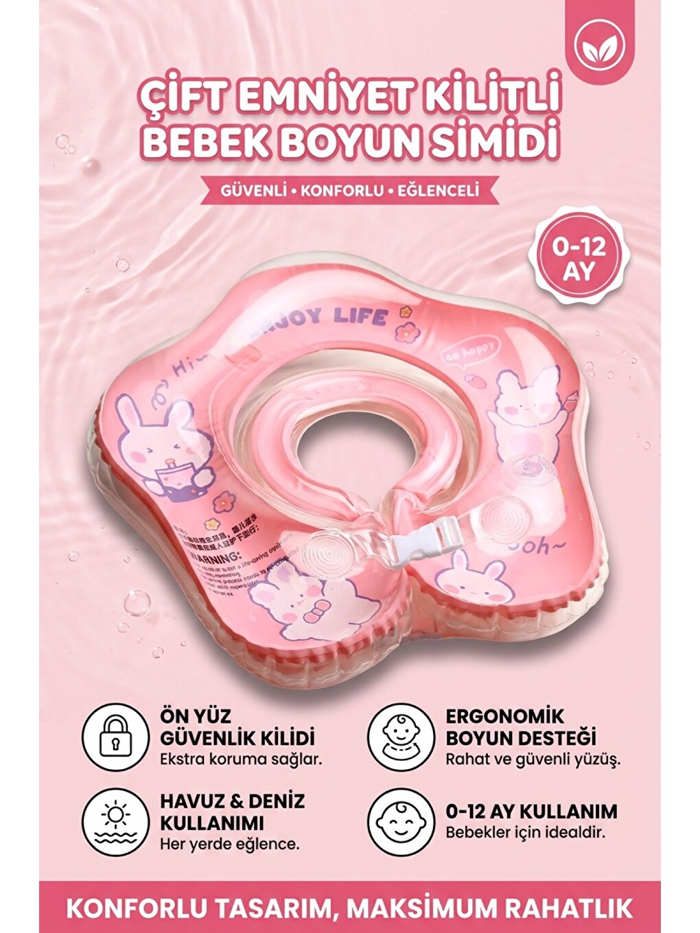 Karışık Bebek Yüzme Simidi Süngerli Tavşan Temalı Emniyet Kilitli Tutmalı 0-12 Ay Pembe Deniz Havuz Simidi