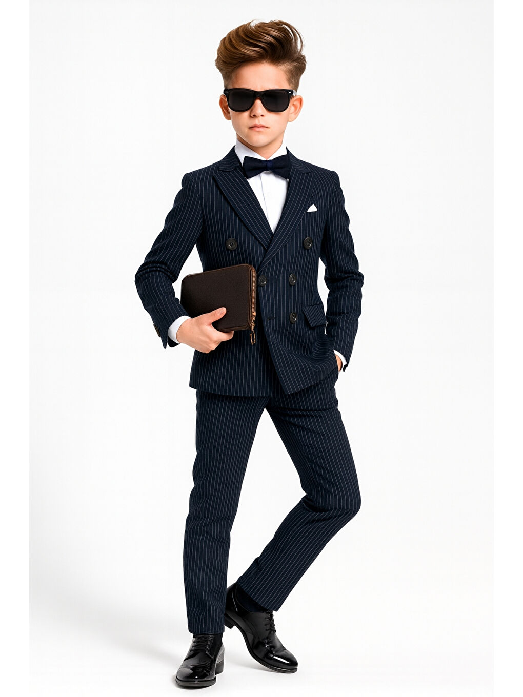 Lacivert Erkek Çocuk Düğün & Davet Kruvaze Çizgili Papyonlu Takım Elbise Ak5695-1