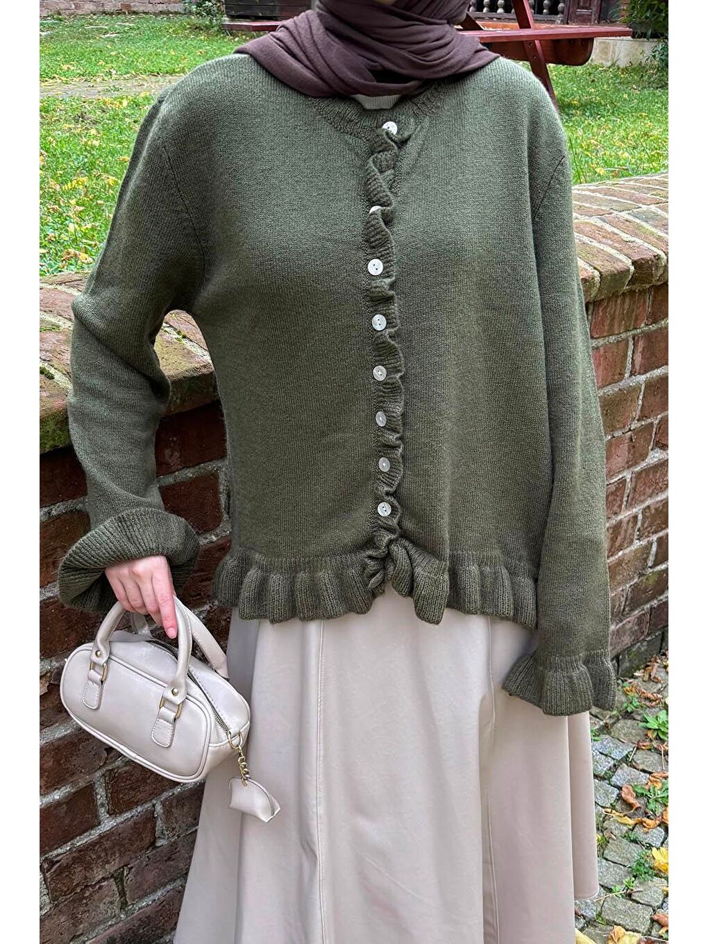 Fırfır Detaylı Hırka Haki-2