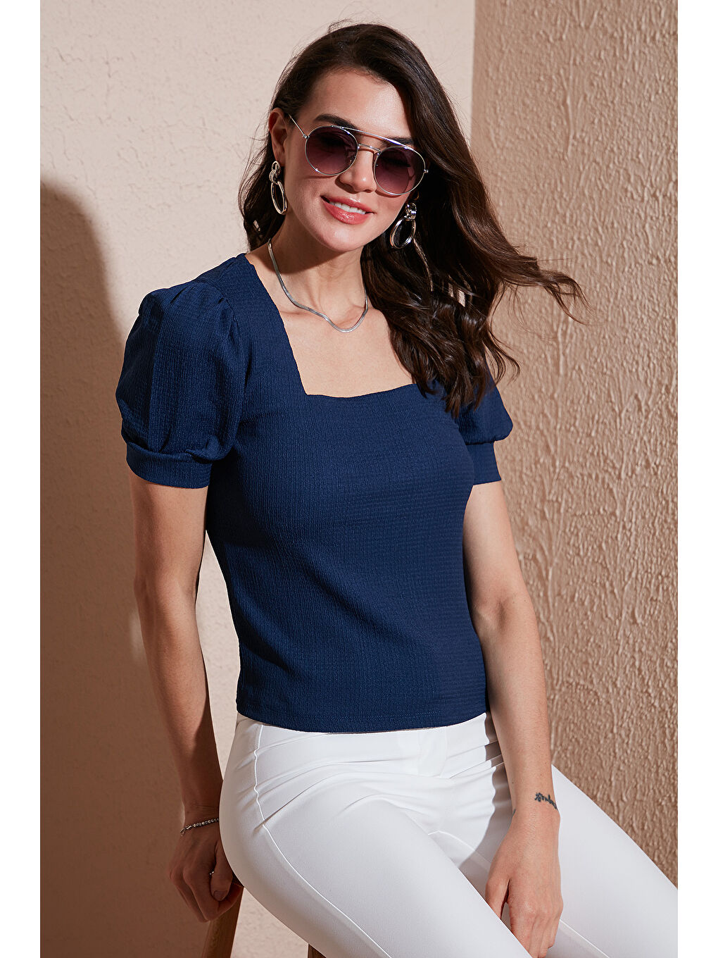 Lela Indigo Kol Detaylı Kare Yaka Bluz 5869002