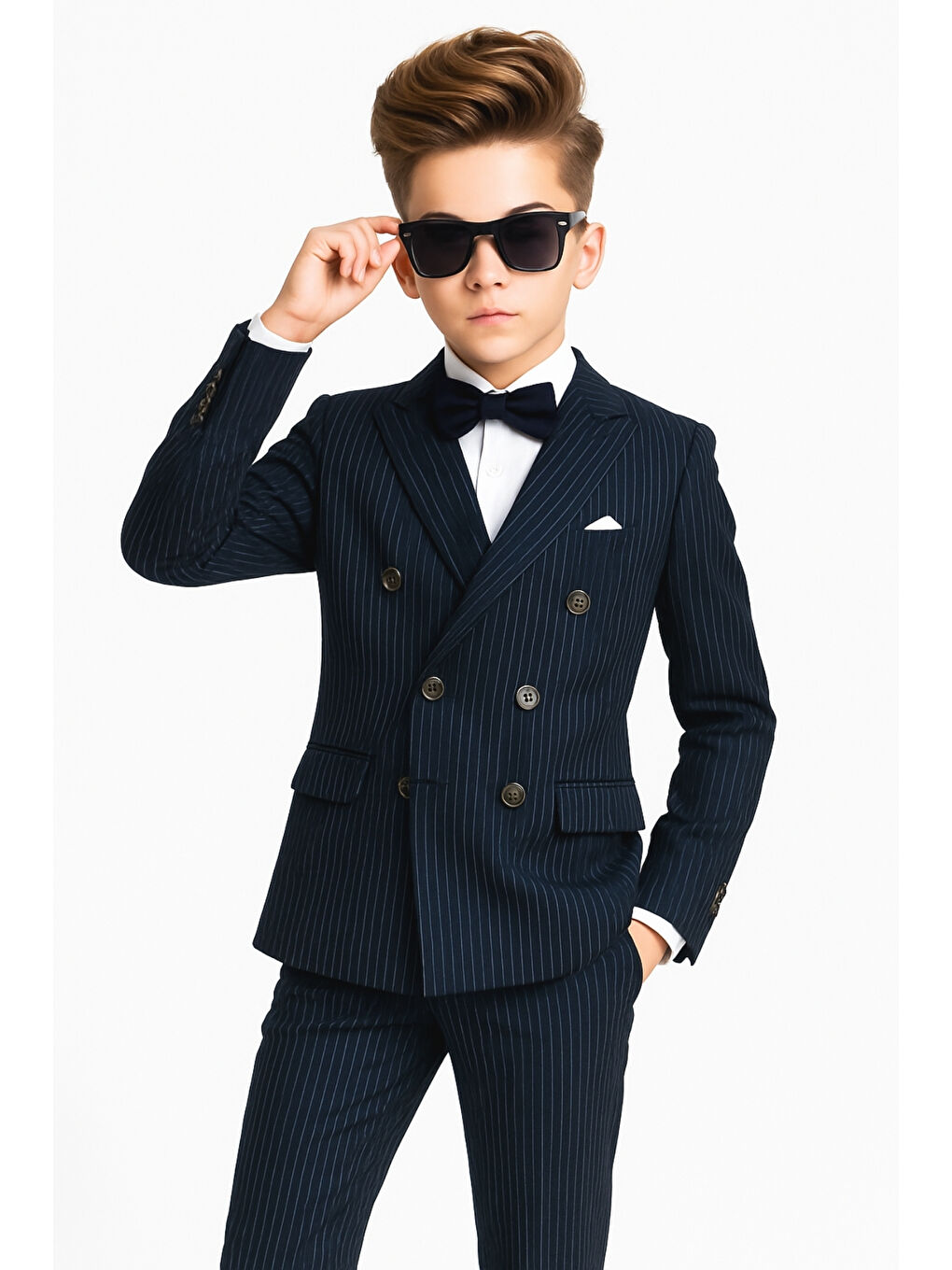 Lacivert Erkek Çocuk Düğün & Davet Kruvaze Çizgili Papyonlu Takım Elbise Ak5695-2