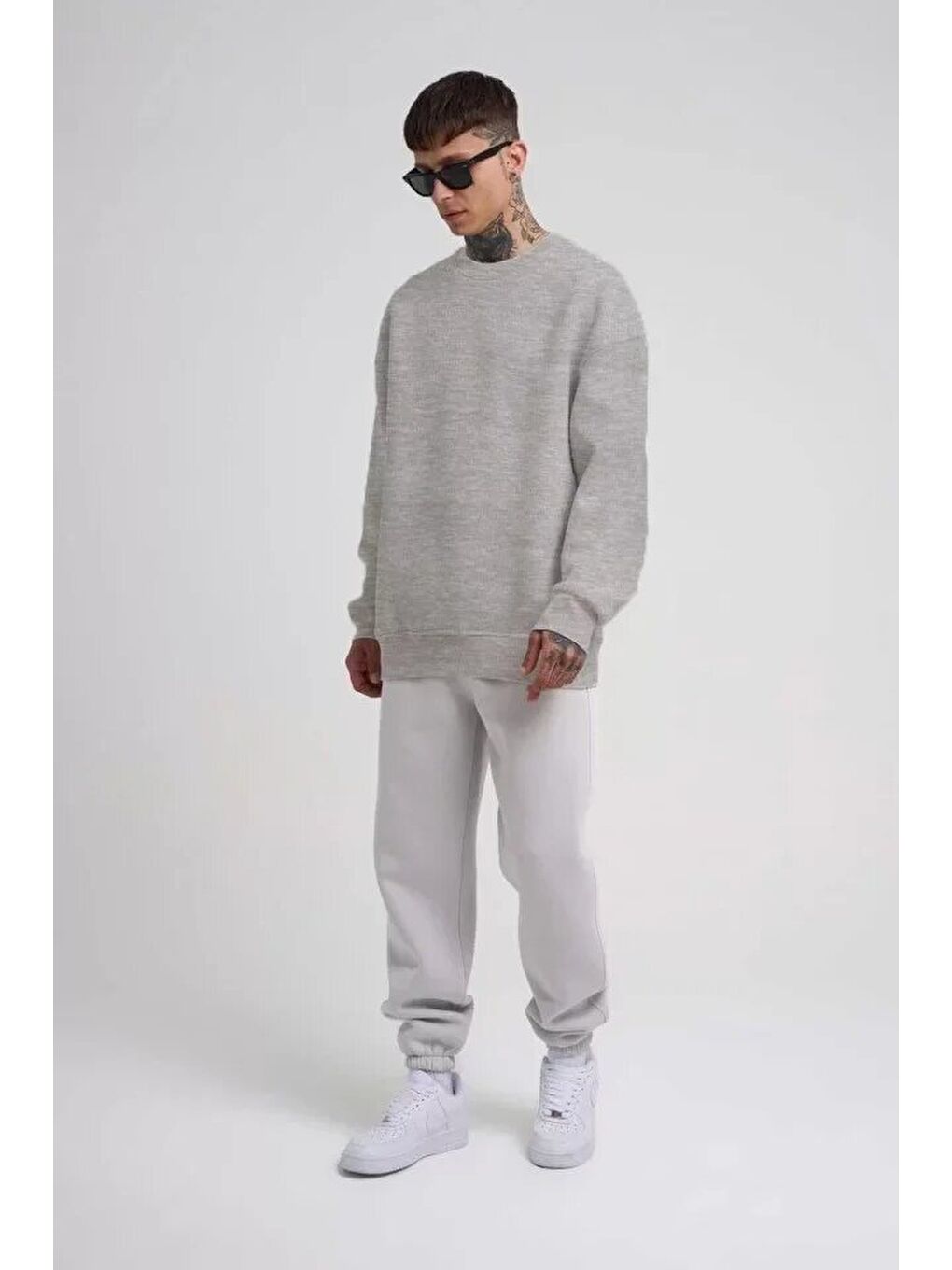 Unisex Biskilet Yaka Üç İplik SweatShirt - Gri-1