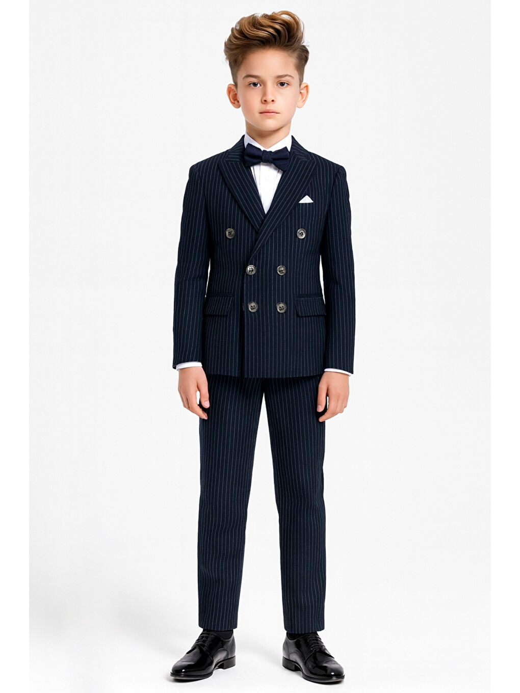 Lacivert Erkek Çocuk Düğün & Davet Kruvaze Çizgili Papyonlu Takım Elbise Ak5695-3
