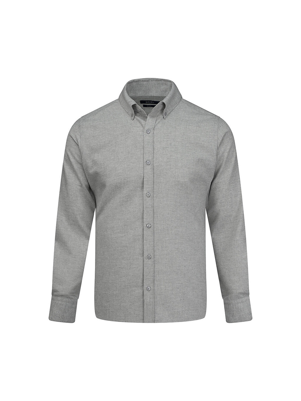 Gri Slim Fit Düğmeli Yaka Pamuklu Uzun Kollu Spor Gömlek