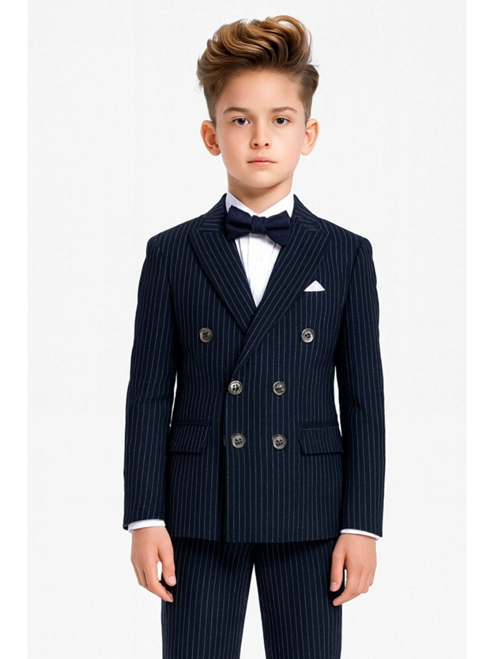 Lacivert Erkek Çocuk Düğün & Davet Kruvaze Çizgili Papyonlu Takım Elbise Ak5695-4