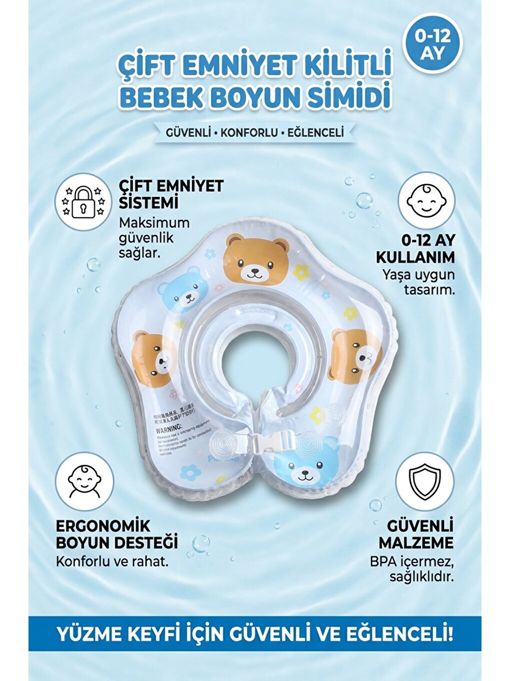 Karışık Bebek Boyun Simidi Süngerli Ayıcık Temalı Çift Emniyetli 0-12 Ay Mavi Yüzme Boyunluğu