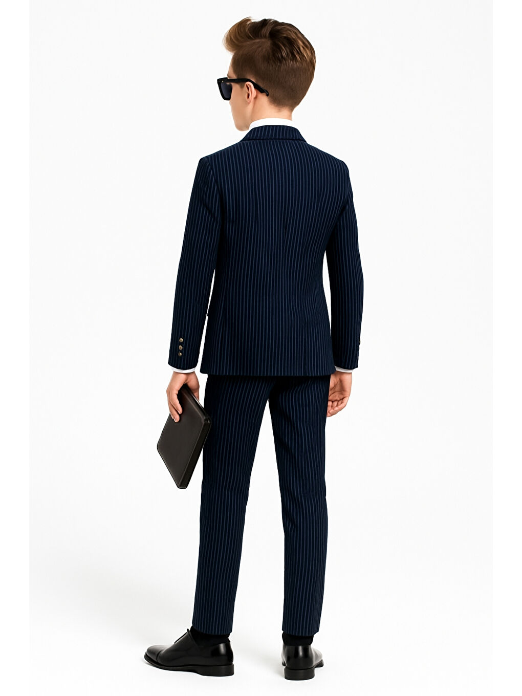 Lacivert Erkek Çocuk Düğün & Davet Kruvaze Çizgili Papyonlu Takım Elbise Ak5695-5