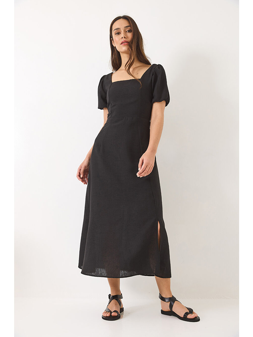 Siyah Kadın Sırt Bağıcık Detaylı Astarlı Keten Elbise-1