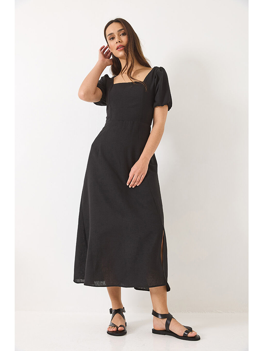 Siyah Kadın Sırt Bağıcık Detaylı Astarlı Keten Elbise-2