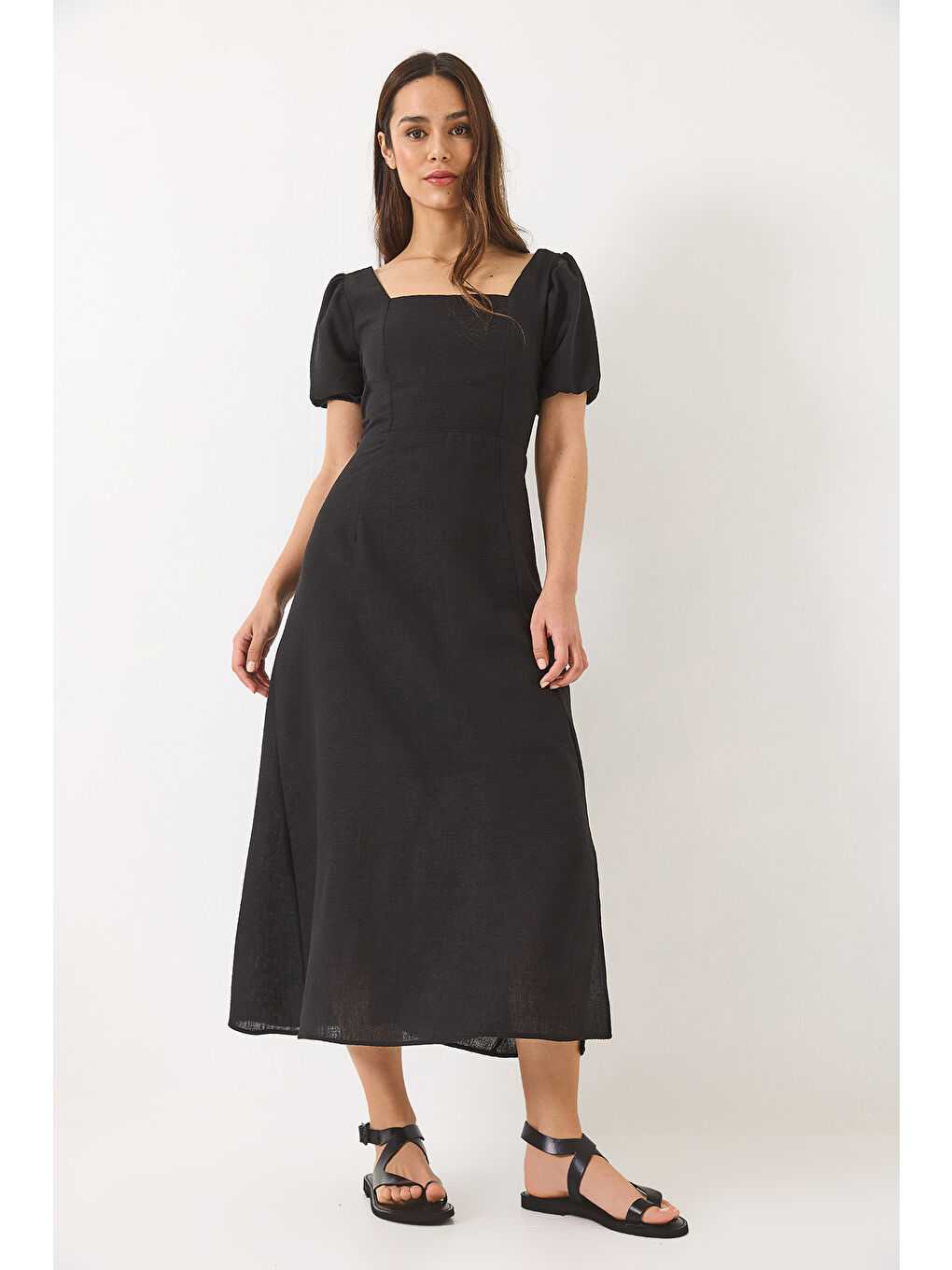 Siyah Kadın Sırt Bağıcık Detaylı Astarlı Keten Elbise-3