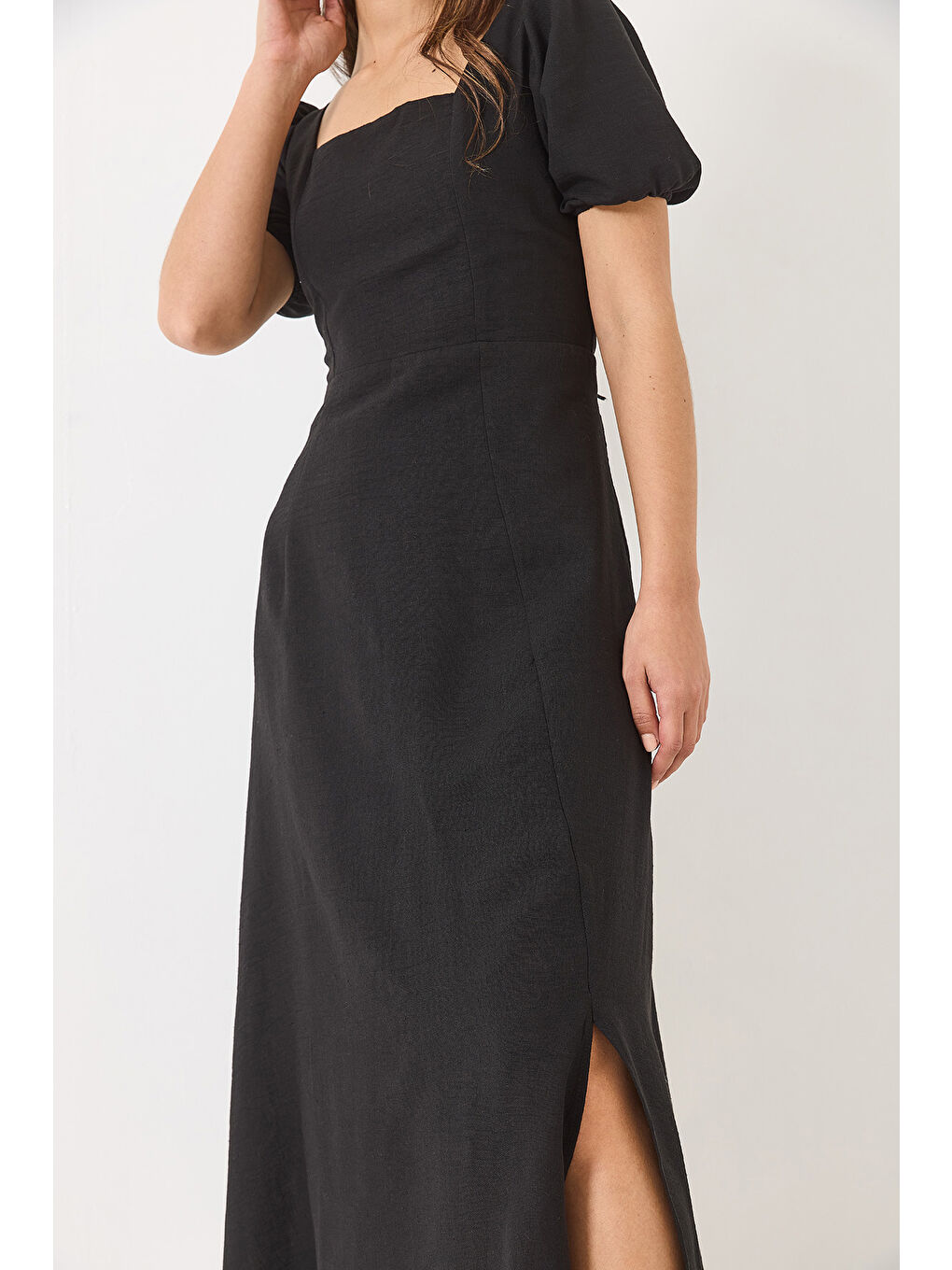 Siyah Kadın Sırt Bağıcık Detaylı Astarlı Keten Elbise-5