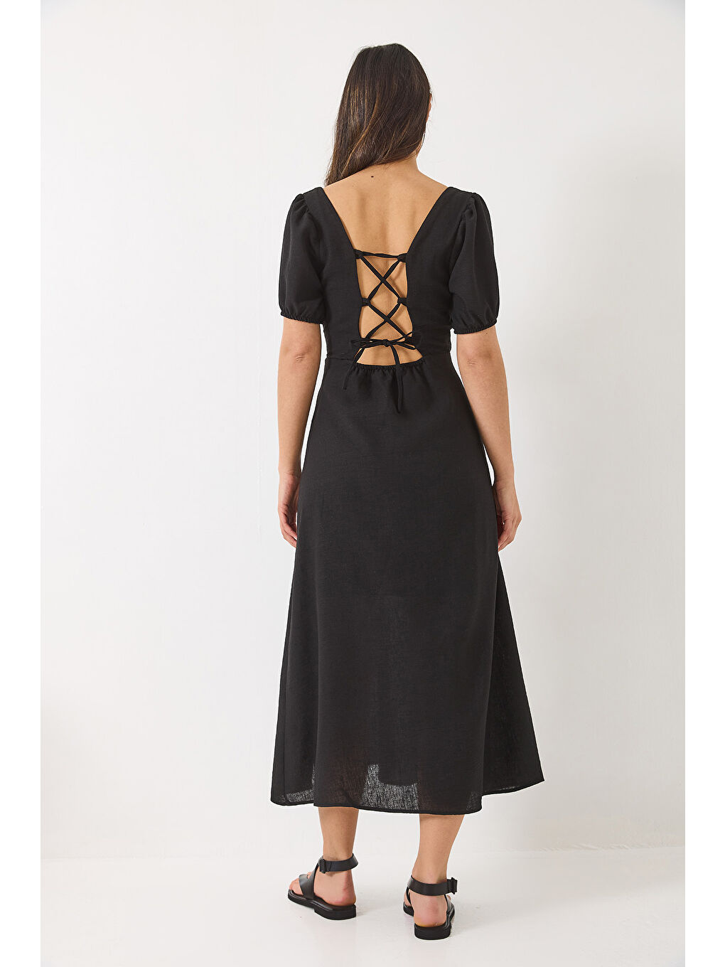 Siyah Kadın Sırt Bağıcık Detaylı Astarlı Keten Elbise-6